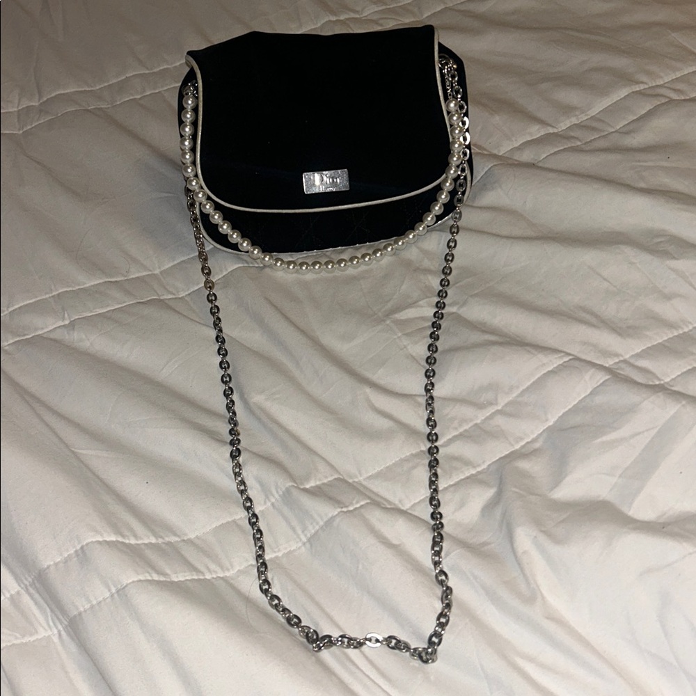 Dior Beauty Black Velvet Bag with Pearl & Silver Straps